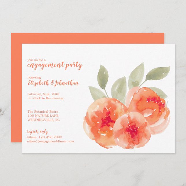Förlovningsfesten elegant Watercolor Peach Peonies Inbjudningar (Fram/baksida)