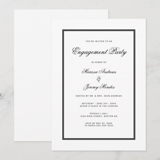 Förlovningsfesten elegant White Black Script Inbjudningar (Fram/baksida)