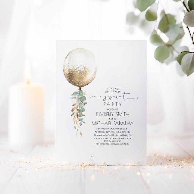 Förlovningsfesten Eucalyptus Greenery Guld Balloon Inbjudningar (Gold Balloon and Greenery Engagement Party Invitations)