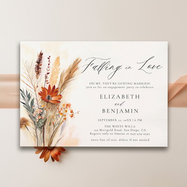 Förlovningsfesten Fall Bouquet Romantic Kärlek Chi Inbjudningar (fall engagement party invitation falling in love floral bouquet rust burnt orange watercolor elegant)
