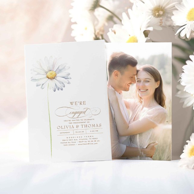 Förlovningsfesten Foto för vit Daisy Wildblommor Inbjudningar (We're Engaged - Wildflowers Themed Engagement Party Photo Invitations)
