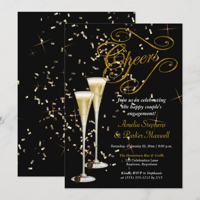 Förlovningsfesten Golden Confetti Champagne Cheers Inbjudningar (Fram/baksida)