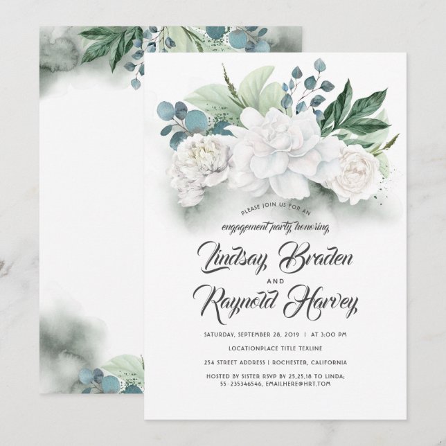 Förlovningsfesten Grey and White Flowers Inbjudningar (Fram/baksida)