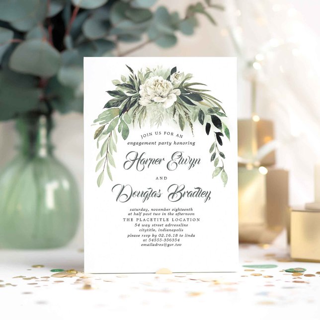 Förlovningsfesten Grey Garland Vintage  Inbjudningar (Greenery Foliage Engagement Party Invitations)