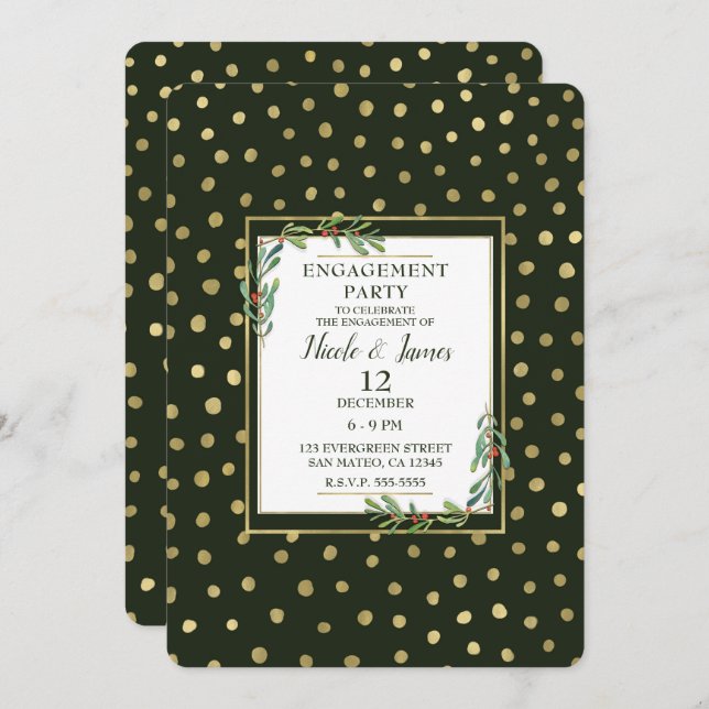 Förlovningsfesten grönt och Guld Snö Helgdag Inbjudningar (Fram/baksida)