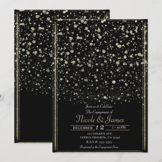 Förlovningsfesten guld & Black Confetti Splatter Inbjudningar (Fram/baksida)