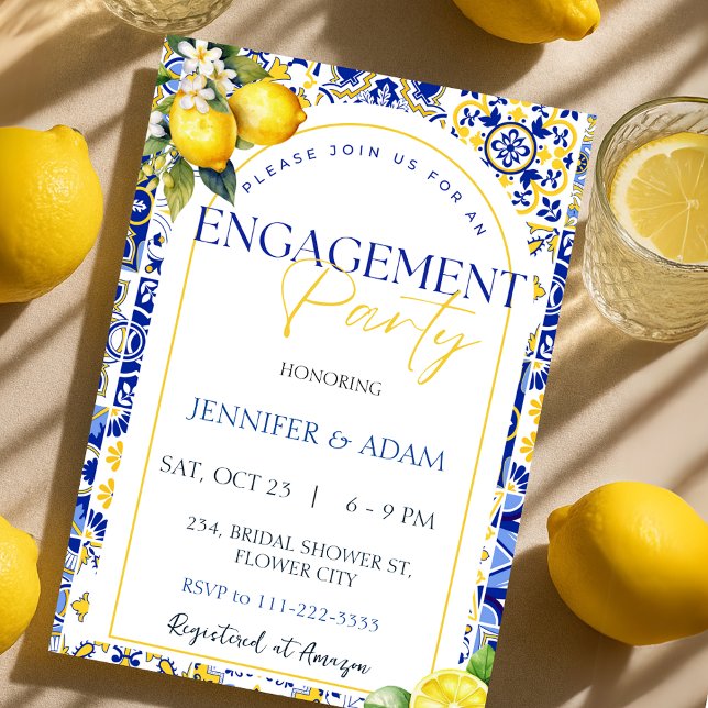 Förlovningsfesten Lemon Mediterranean Blue Tiles Inbjudningar (Lemon Mediterranean Blue Tiles Engagement Party Invitation)