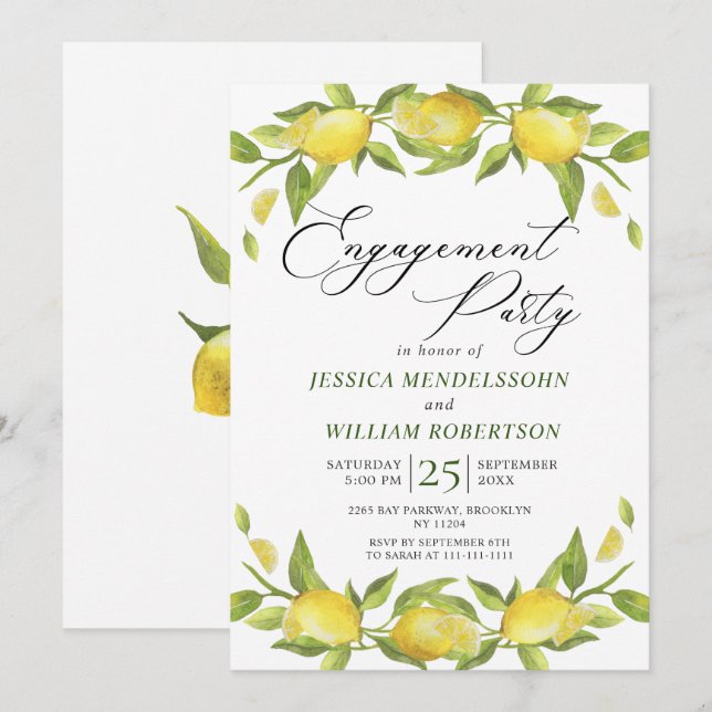 Förlovningsfesten Lemons Greenery Blommar Inbjudningar (Fram/baksida)