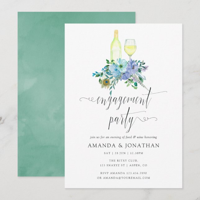 Förlovningsfesten Mint och Blue Boho Vin Tasting Inbjudningar (Fram/baksida)