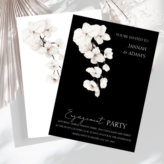 Förlovningsfesten Modern Black White Orchids Inbjudningar (Modern Black and White Orchids Flowers Engagement Party Wedding Invitation)