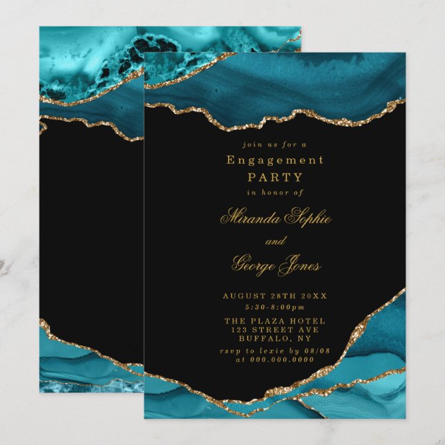 Förlovningsfesten Modern Teal och Guld Agate Stone Inbjudningar (Fram/baksida)
