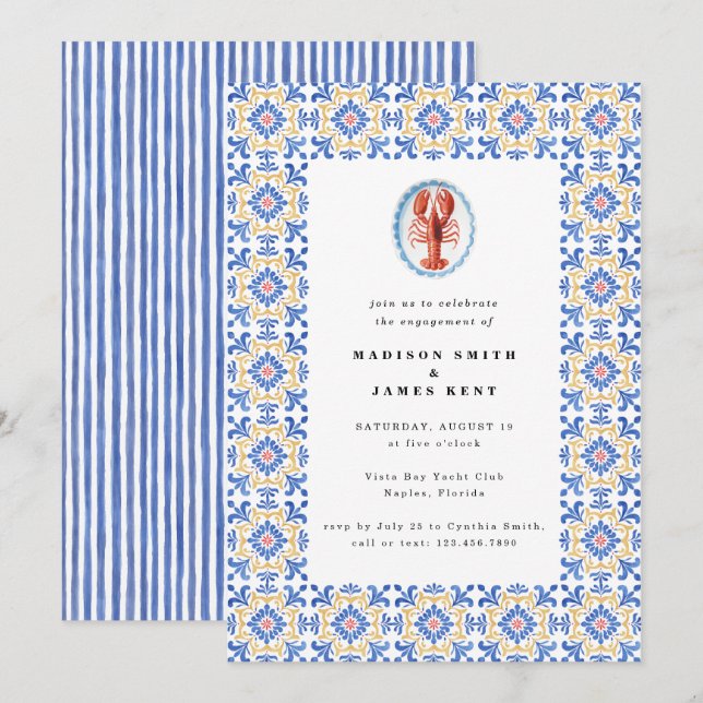 Förlovningsfesten Nautical Lobster Amalfi Tiles Inbjudningar (Fram/baksida)