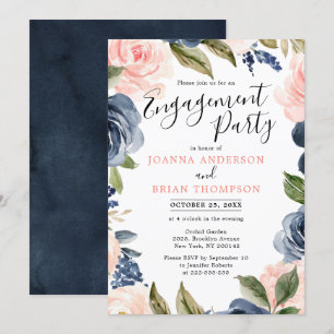 Förlovningsfesten Navy Blue Rosa ros Boho Inbjudningar