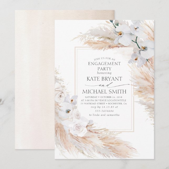 Förlovningsfesten Pampas Grass and White Orchids Inbjudningar (Fram/baksida)