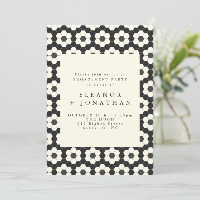 Förlovningsfesten Retro Black White Geometric Tile Inbjudningar (Stående Fram)
