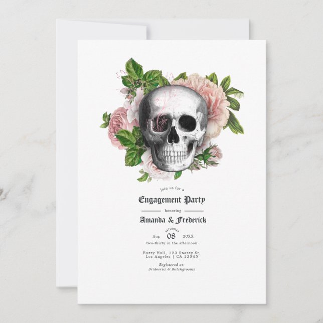 Förlovningsfesten rosa Blommigt Gothic Skull Inbjudningar (Framsida)
