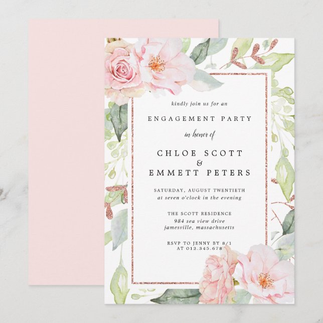 Förlovningsfesten  Rosa ros Blommigt Inbjudningar (Fram/baksida)