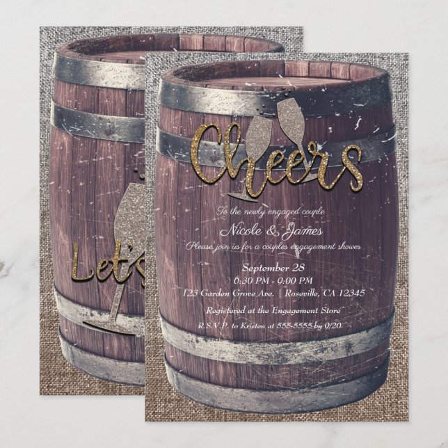 Förlovningsfesten Rustic Barrel & Burlap Cheers Pu Inbjudningar (Fram/baksida)