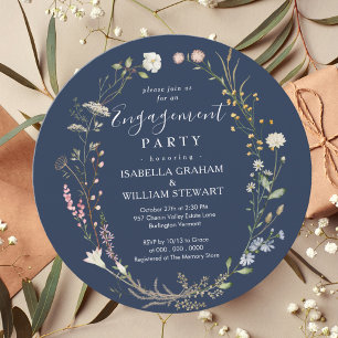 Förlovningsfesten Rustic Navy Blue Boho Wildblomma Inbjudningar