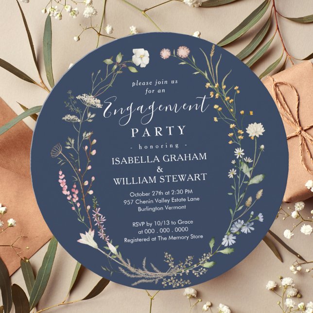 Förlovningsfesten Rustic Navy Blue Boho Wildblomma Inbjudningar (Skapare uppladdad)