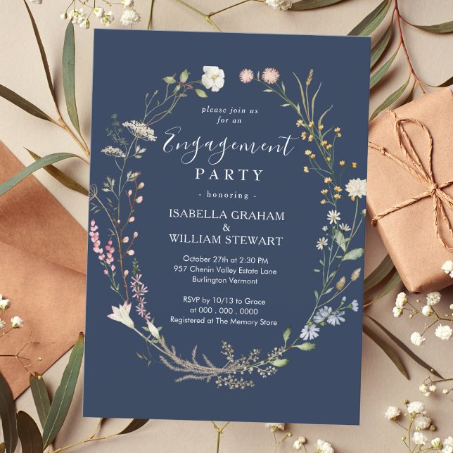 Förlovningsfesten Rustic Navy Blue Boho Wildblomma Inbjudningar (Skapare uppladdad)