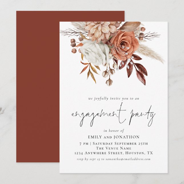 Förlovningsfesten Rustic Terracotta Blommigts Scri Inbjudningar (Fram/baksida)
