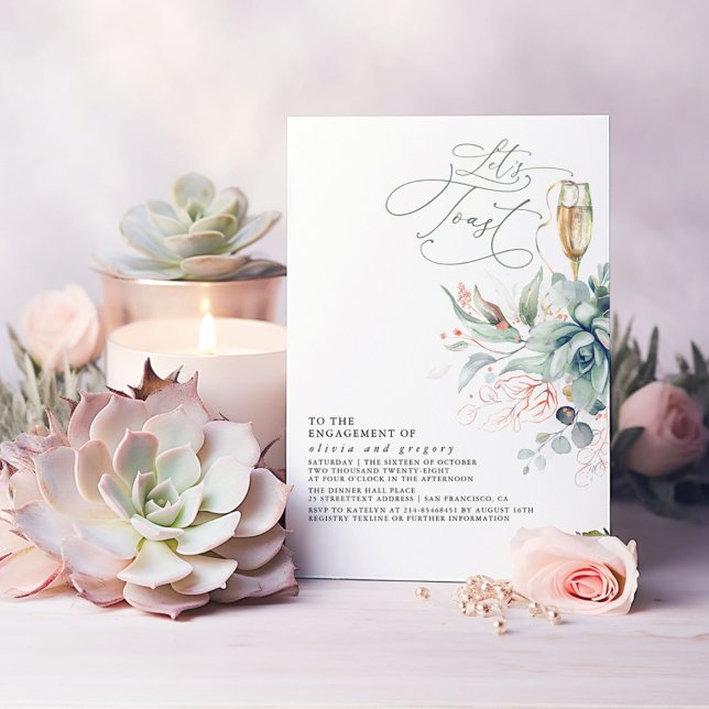 Förlovningsfesten Succuly Greenery Elegant Löv Inbjudningar (Greenery and Pink Gold Elegant Engagement Party Invitation Let's Toast)