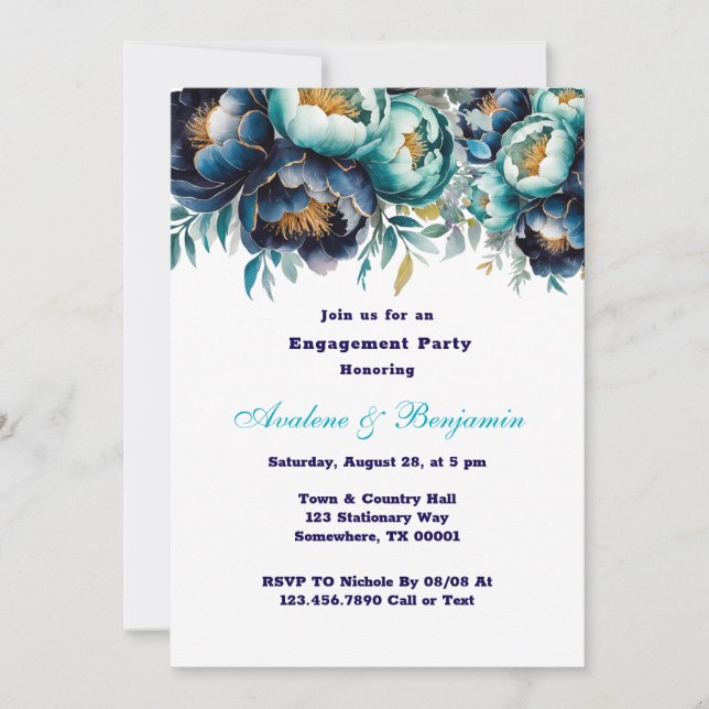 Förlovningsfesten Teal Navy Blue Painting Peony Inbjudningar (Framsida)