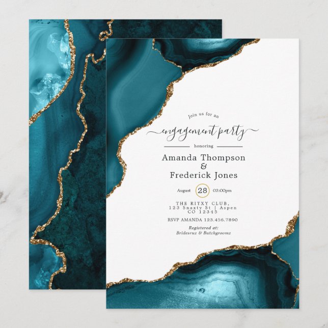 Förlovningsfesten Teal och Guld Agate Inbjudningar (Fram/baksida)