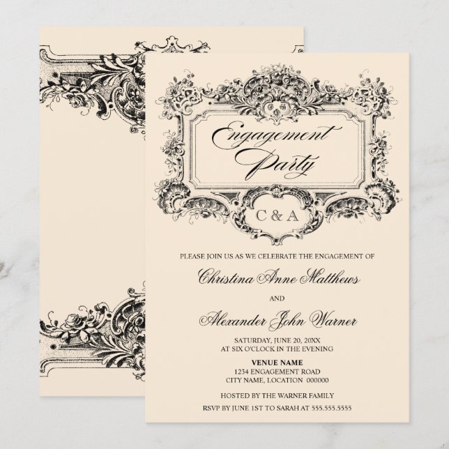 Förlovningsfesten vintage för ornament inbjudningar (Fram/baksida)