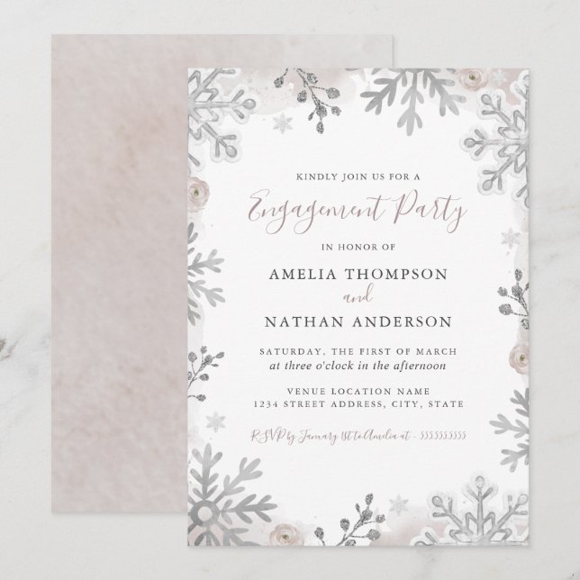 Förlovningsfesten Winter Snowflake Silver Inbjudningar (Fram/baksida)