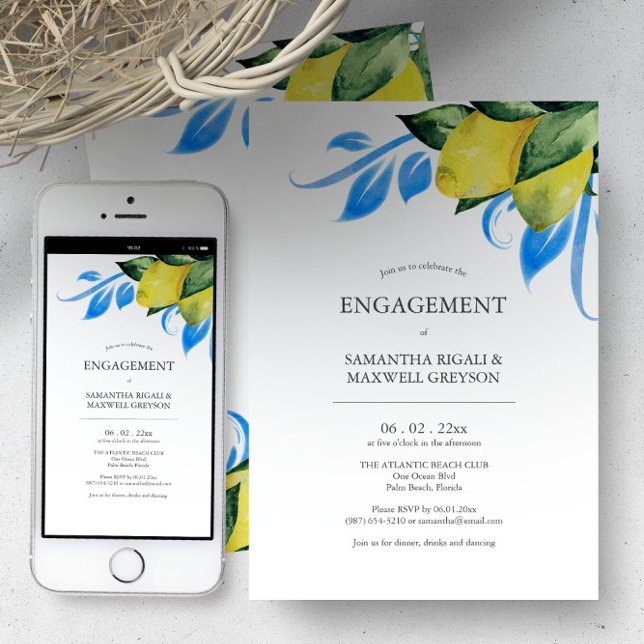 Förlovningsfestens inbjudningar Botanical Lemon (Watercolor lemons blue and yellow Italian style engagement party invitations by Victoria Grigaliunas)