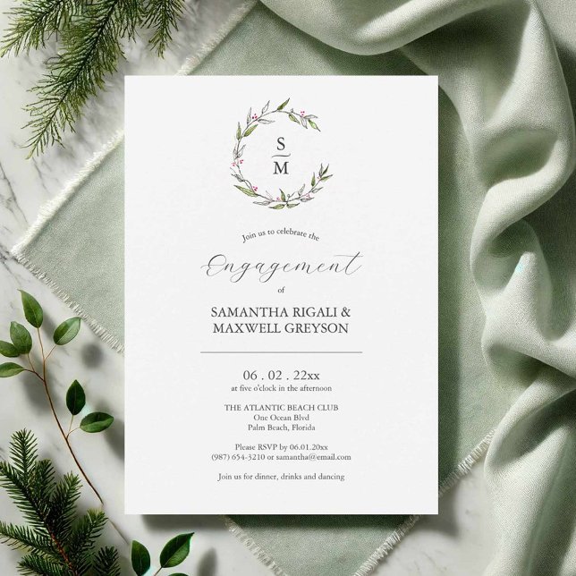 Förlovningsfestens inbjudningar Vinter Botaniskt (Hand drawn engagement party invitations botanical art by Victoria Grigaliunas of Do Tell A Belle)