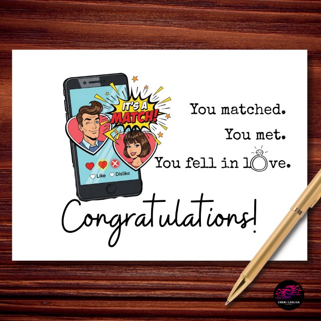 Förlovningsgratulationer Dejtingapp Match Humor Kort (From swipe to forever.💍 Congratulations!)