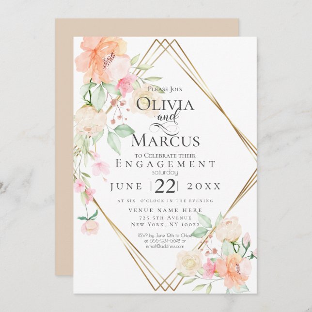 Förlovningsrodnad Kräm Korallfärgad Vår Blommig Bu Inbjudningar (Fram/baksida)