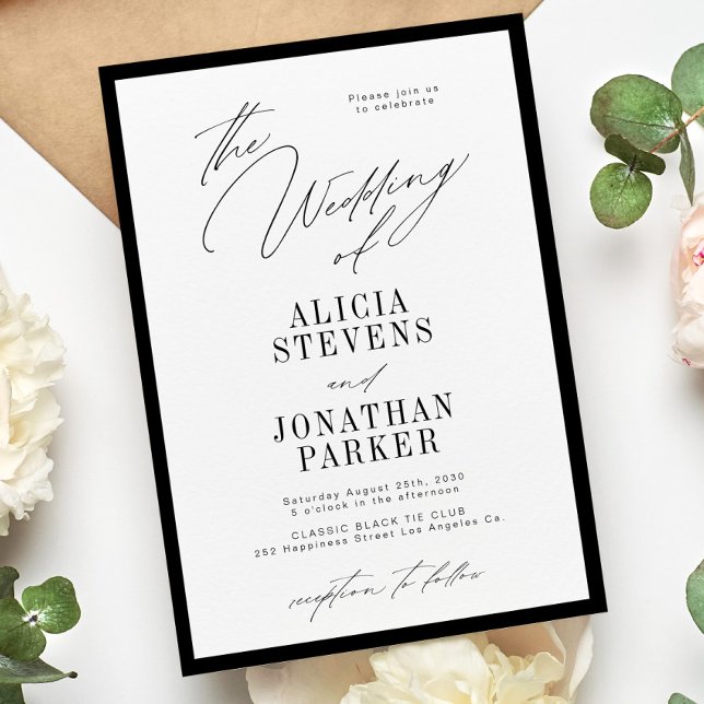 Formal black and white classic typography wedding inbjudningar (Skapare uppladdad)