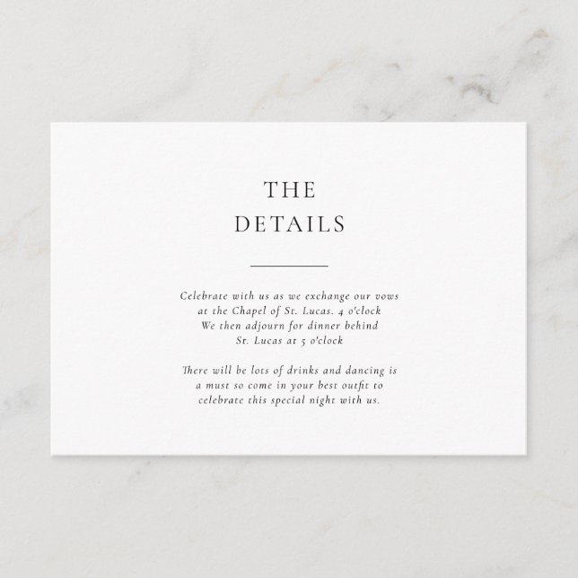 Formal Black and White Wedding Details Tilläggskort (Framsida)