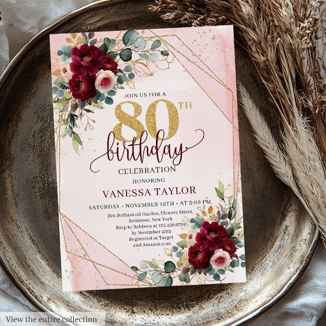 Formal Boho Mörk Red Guld Ro 80 födelsedagar Inbjudningar (Formal Boho Dark Red Gold Roses 80th Birthday Invitation)