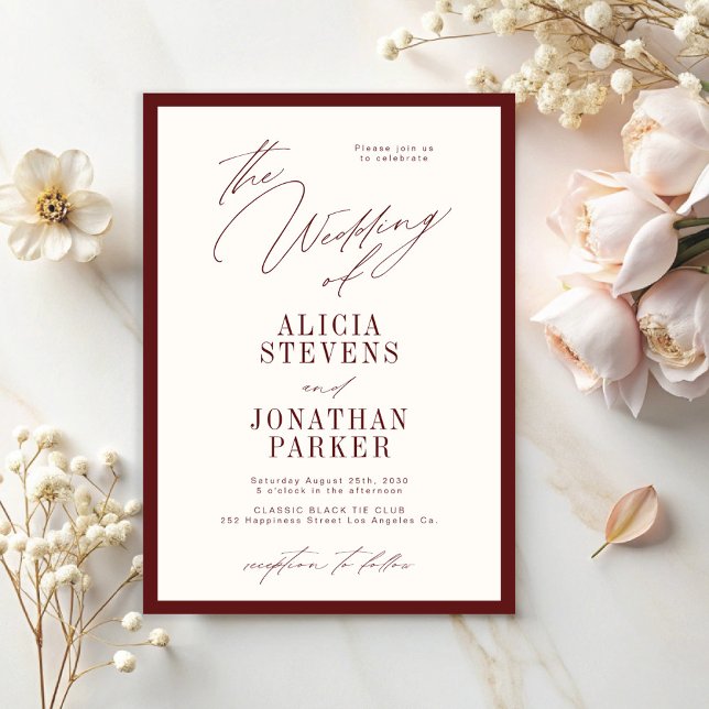 Formal burgundy ivory classic typography wedding inbjudningar (Skapare uppladdad)