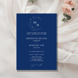 Formal Celestial Elegant Blue Monogram Wedding Inbjudningar