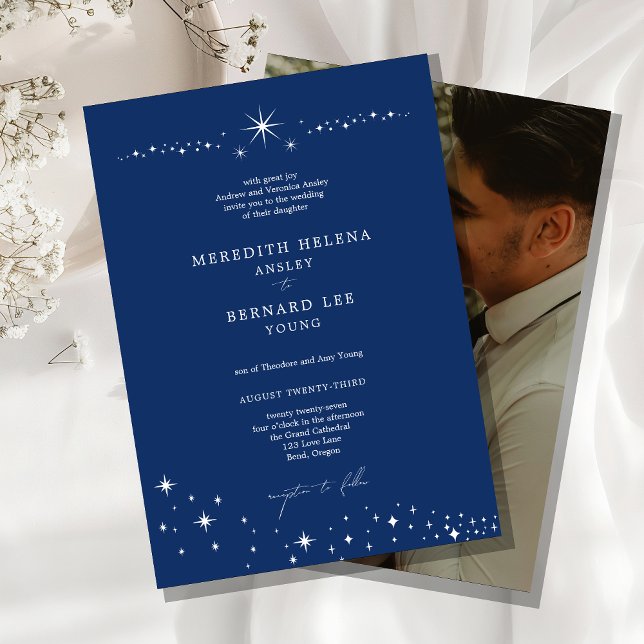 Formal Celestial Elegant Navy Blue Wedding Photo Inbjudningar (Skapare uppladdad)
