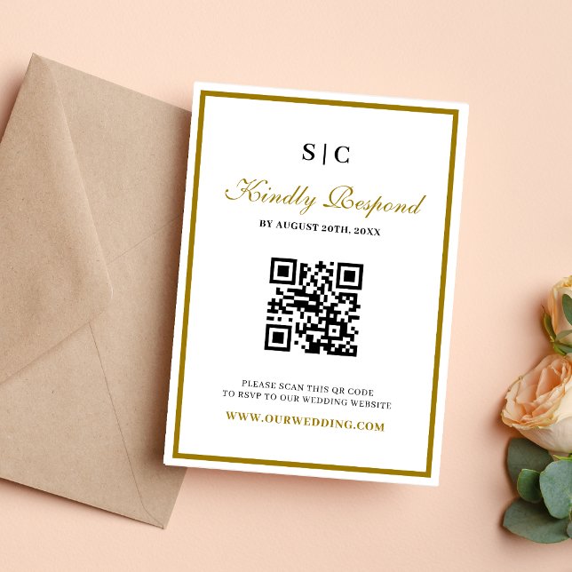 Formal Classic Black Gold Monogram Wedding OSA Kort (Formal black and gold monogram RSVP card keeps guest responses elegant and organized.)