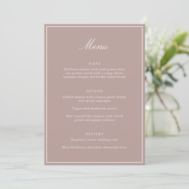 Formal Classic Border Mauve Script Elegant Wedding Meny (Stående Fram)