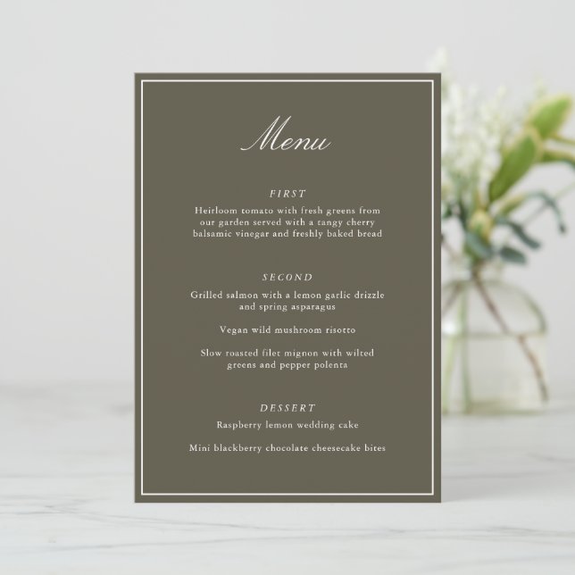 Formal Classic Border Olive Script Elegant Wedding Meny (Stående Fram)