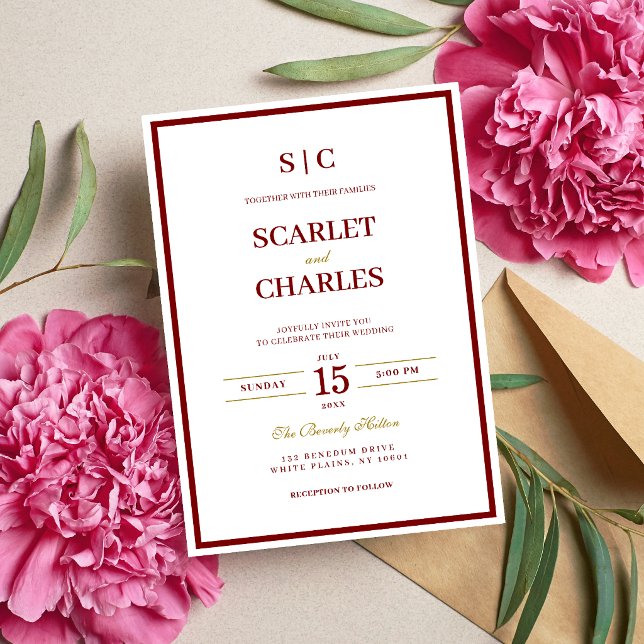 Formal Classic Burgundy & Gold Monogram Wedding Inbjudningar (Burgundy and gold monogram wedding invitation sets a refined tone for your special day.)