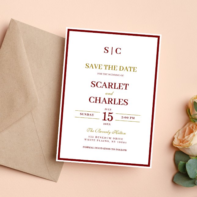 Formal Classic Burgundy & Gold Monogram Wedding Spara Datumet (Burgundy and gold monogram save the date announces your wedding with elegant, personalized charm.)