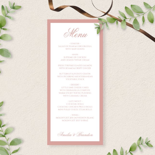 Formal Classic Dusty Rose Border Script Wedding Meny (Skapare uppladdad)