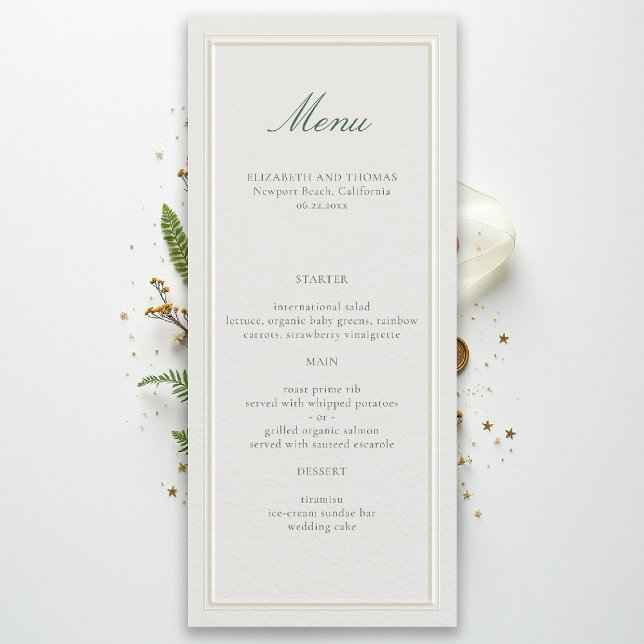 Formal Classic Green Elevated Frame Ecru Wedding Meny (formal wedding menu modern classic ecru double frame green calligraphy)