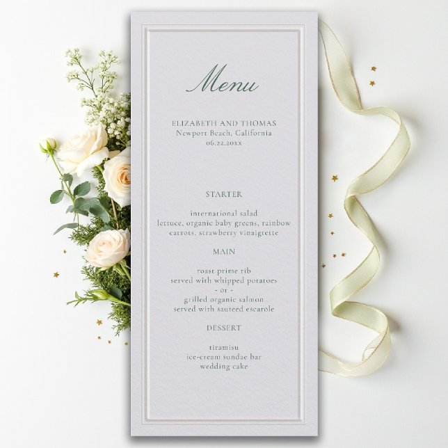 Formal Classic Green Elevated Frame Ivory Wedding Meny (formal wedding menu modern classic ivory double frame sage green calligraphy)
