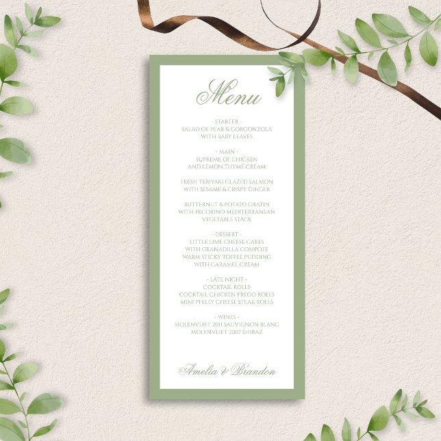 Formal Classic Sage Green Border Script Wedding Meny (Skapare uppladdad)